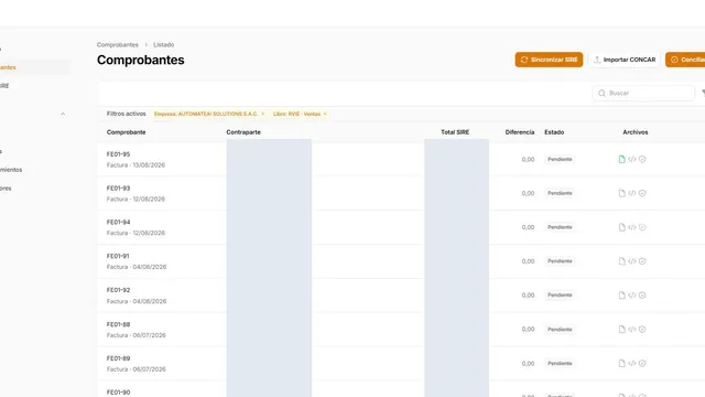 Panel de conciliación de comprobantes API SIRE