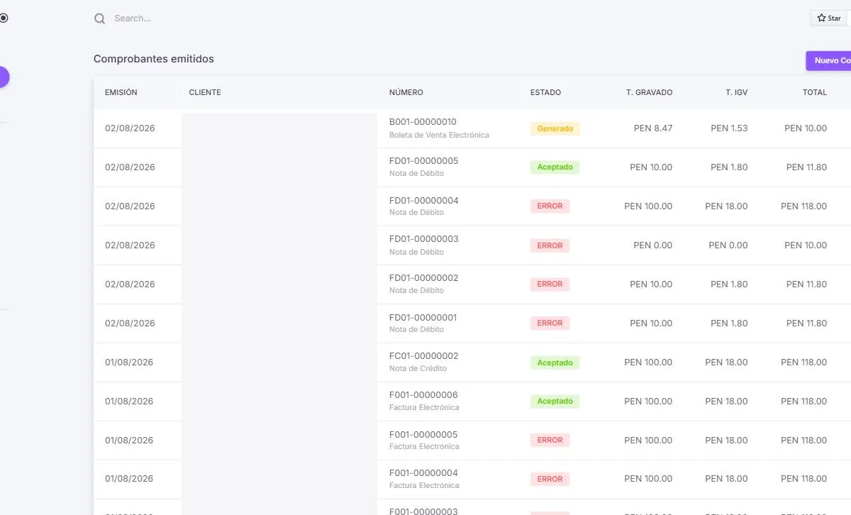 FinalXML — listado de comprobantes emitidos con sus estados ante SUNAT