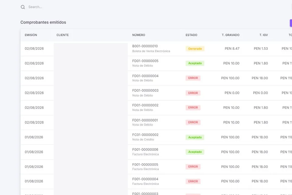 FinalXML — listado de comprobantes emitidos ante SUNAT
