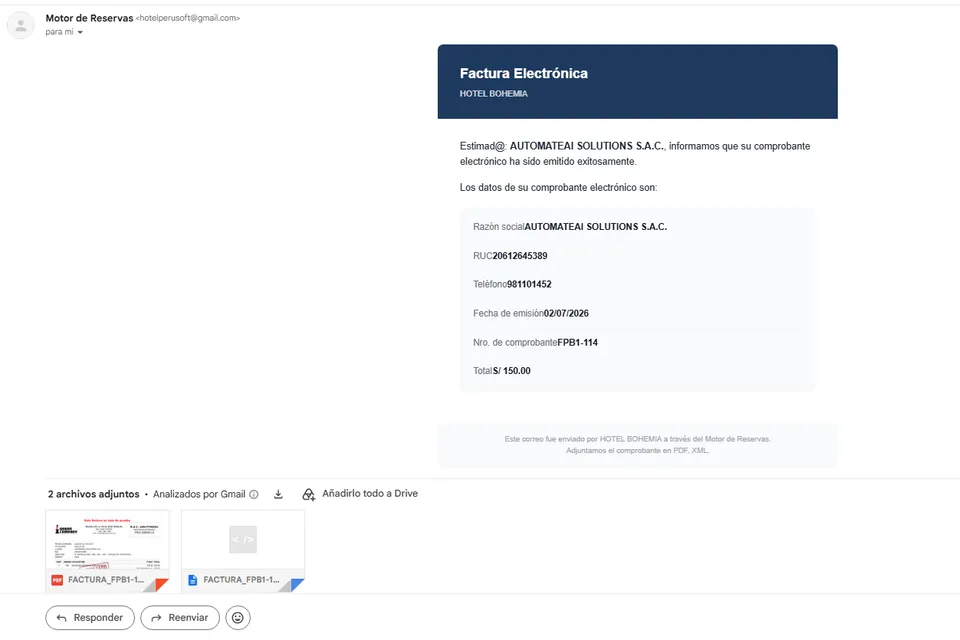 Email automático de factura electrónica emitido por HotelPerusoft
