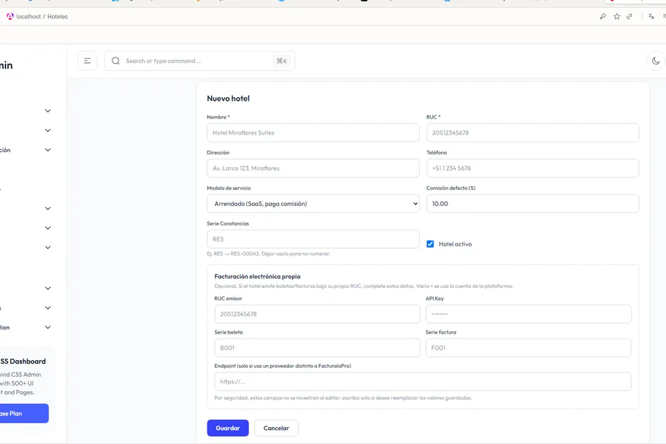 Panel de administración de HotelPerusoft — alta de hotel con módulo Motor B2C